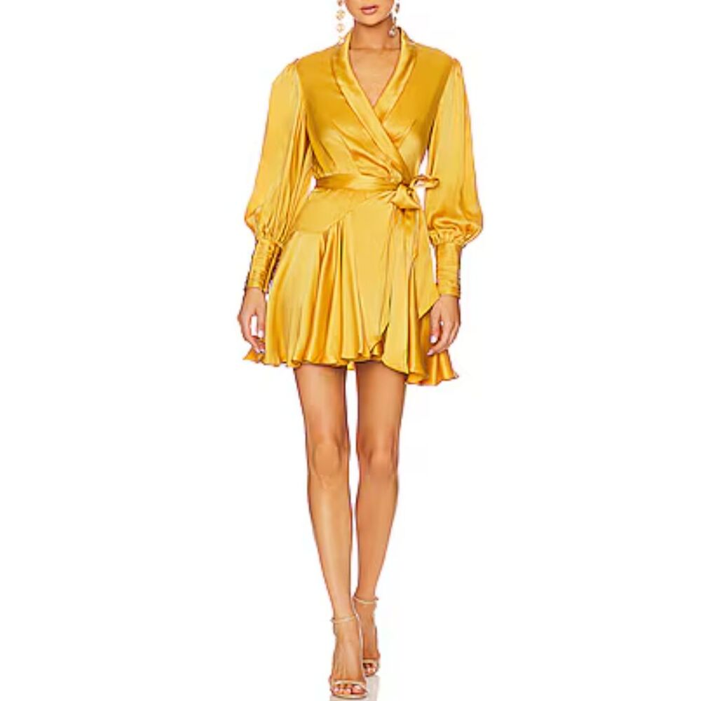 Zimmermann Silk Wrap Mini Dress Gold 100% Silk Long Sleeve